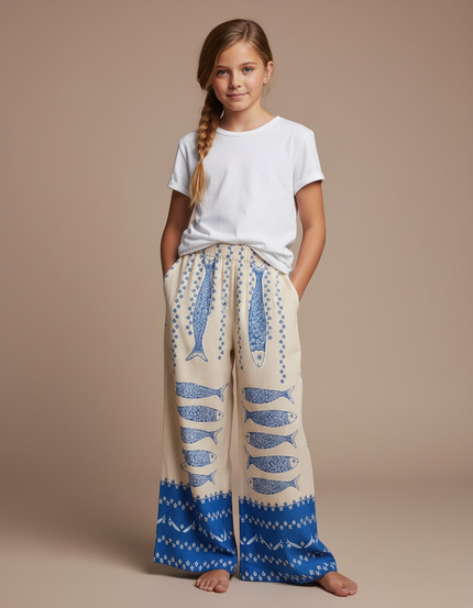 Pantalon Fluide Beige Imprimé Poissons Bleus Ample Décontracté - Lin