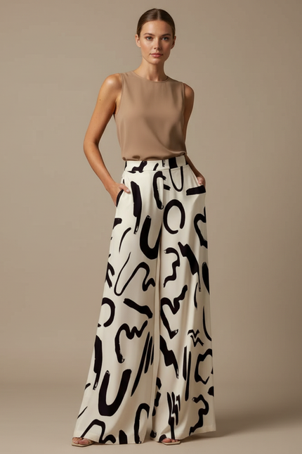 Pantalon Fluide Imprimé Large Élégant Femme - Viscose