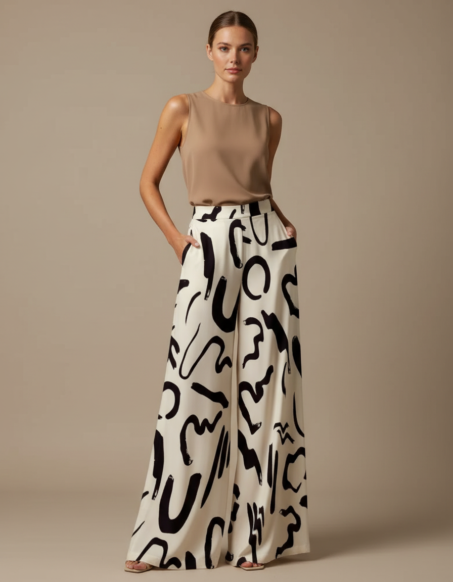 Pantalon Fluide Imprimé Large Élégant Femme - Viscose