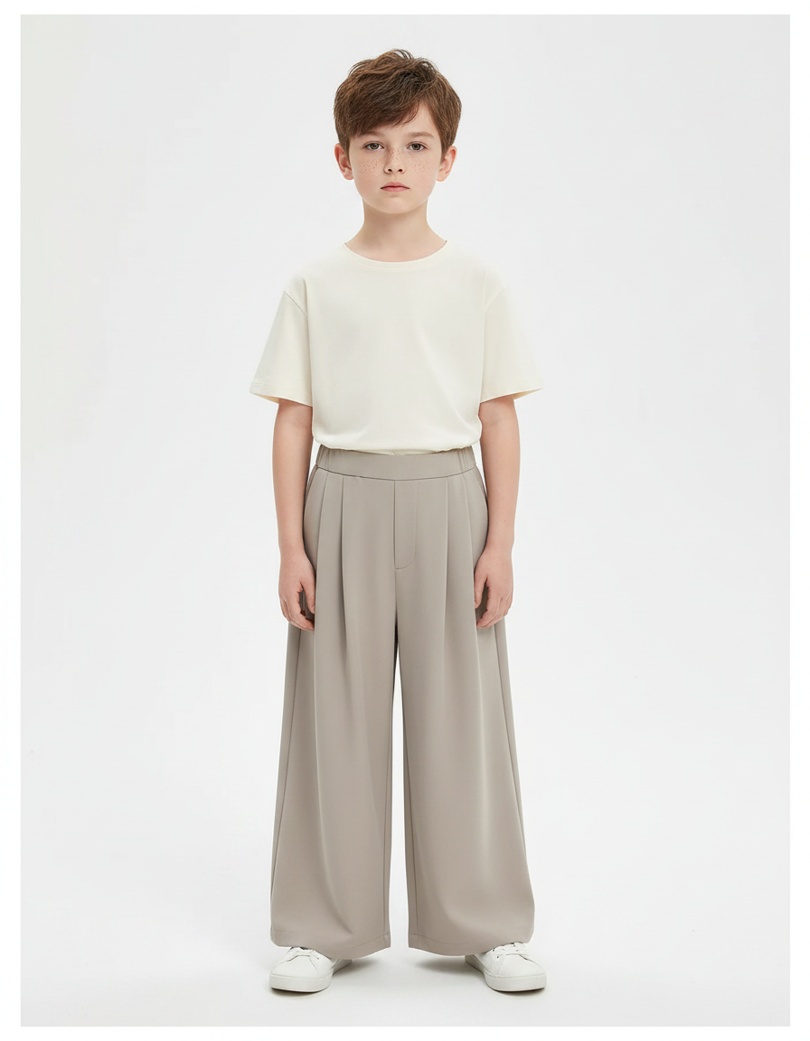 Pantalon Fluide Gris Ample Plissé Décontracté Enfant - Polyester