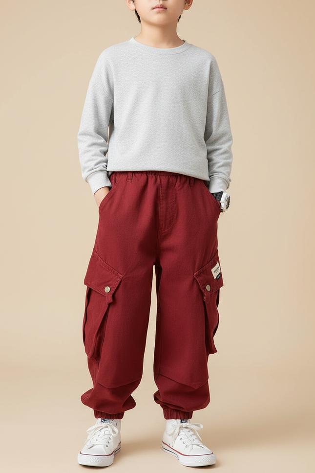 Pantalon Fluide Rouge Cargo Coton Ample Enfant - Bordeaux