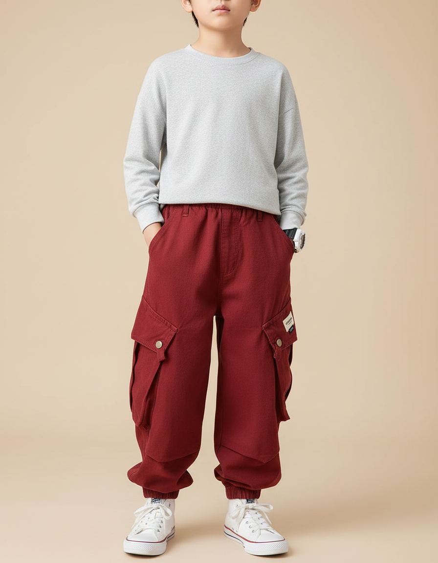Pantalon Fluide Rouge Cargo Coton Ample Enfant - Bordeaux