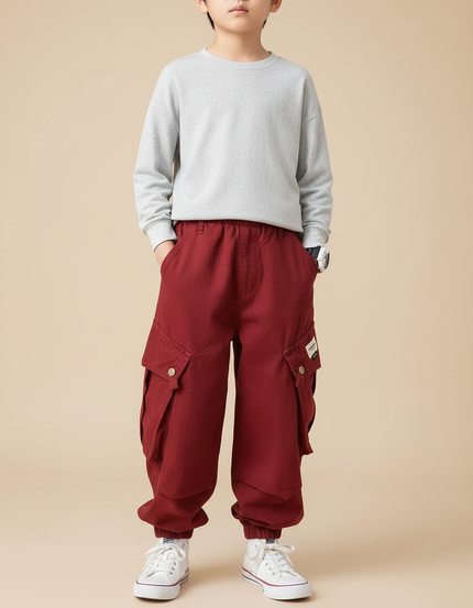 Pantalon Fluide Rouge Cargo Coton Ample Enfant - Bordeaux
