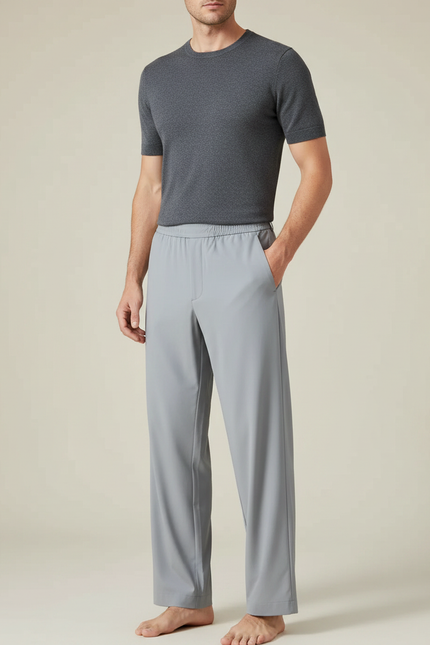 Pantalon Fluide Gris Clair Homme Décontracté Ample - Polyester