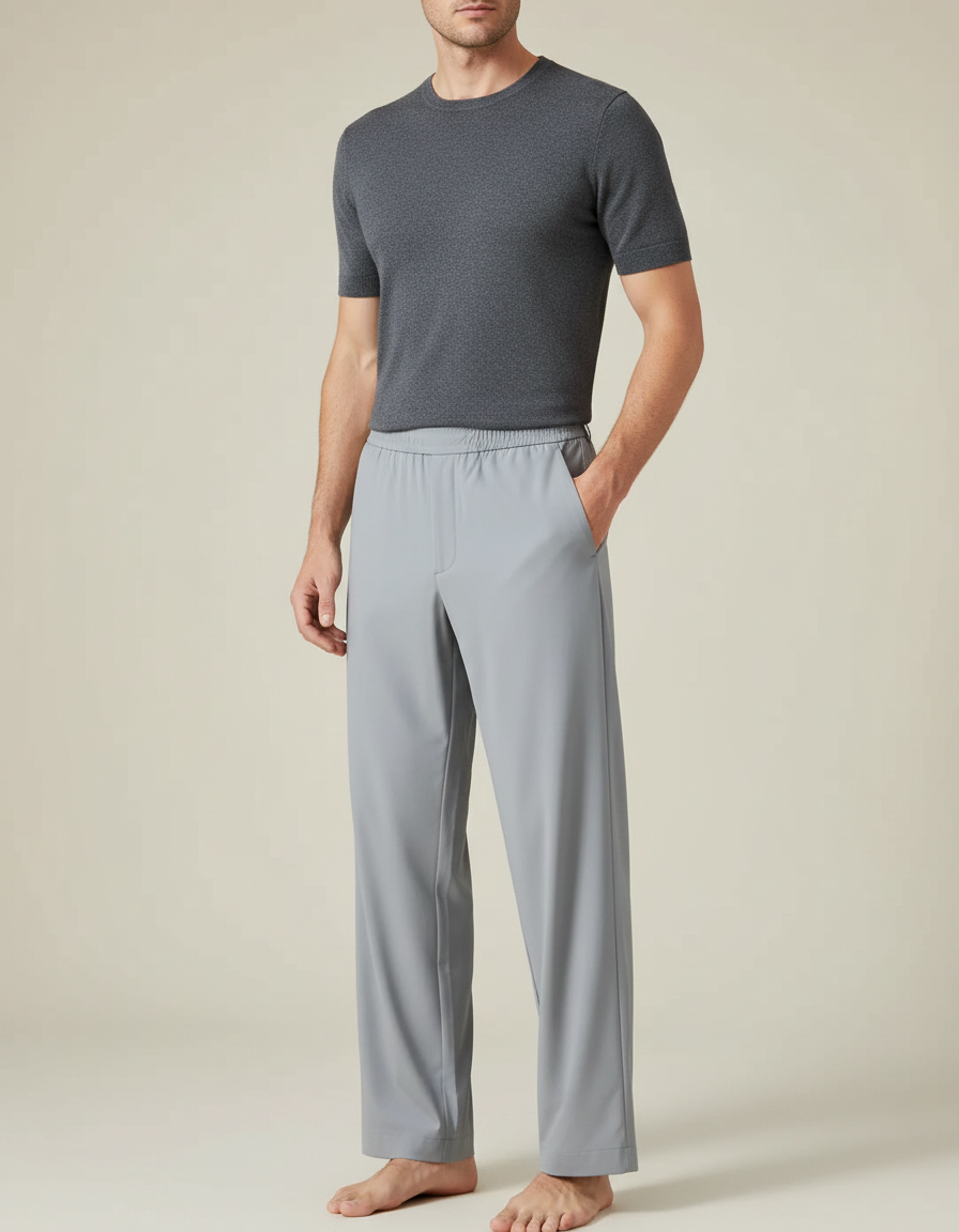 Pantalon Fluide Gris Clair Homme Décontracté Ample - Polyester
