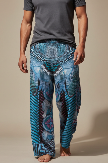 Pantalon Fluide Ample Imprimé Ethnique Bleu Homme - Viscose