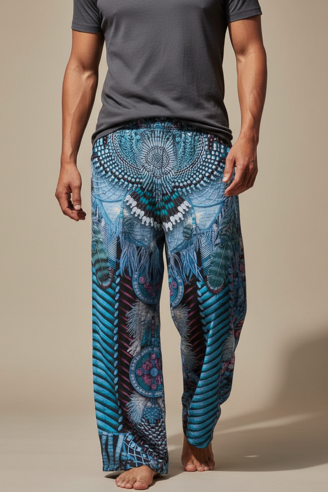 Pantalon Fluide Ample Imprimé Ethnique Bleu Homme - Viscose