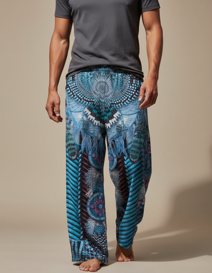 Pantalon Fluide Ample Imprimé Ethnique Bleu Homme - Viscose