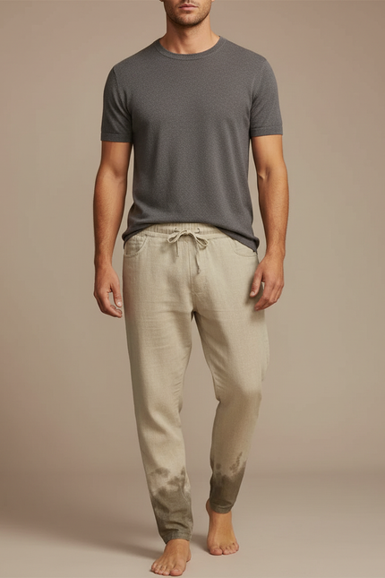 Pantalon Fluide Beige Coton Lin Dégradé Décontracté Homme