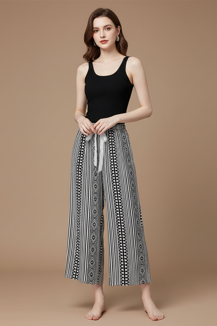 Pantalon Fluide Noir Blanc Ethnique Ample Cordon - Imprimé Viscose