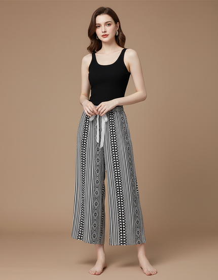 Pantalon Fluide Noir Blanc Ethnique Ample Cordon - Imprimé Viscose