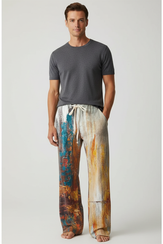Pantalon Fluide Imprimé Abstrait Décontracté Homme - Multicolore Viscose