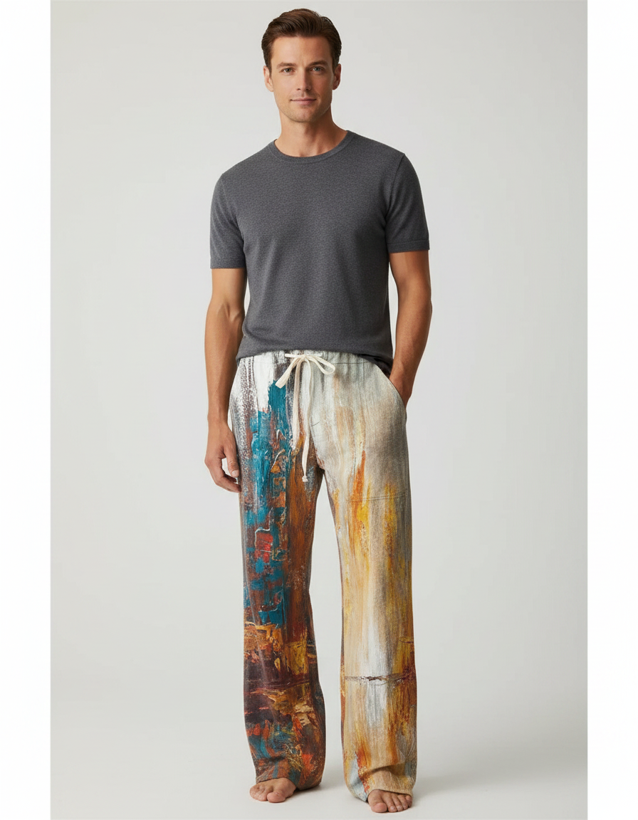 Pantalon Fluide Imprimé Abstrait Décontracté Homme - Multicolore Viscose