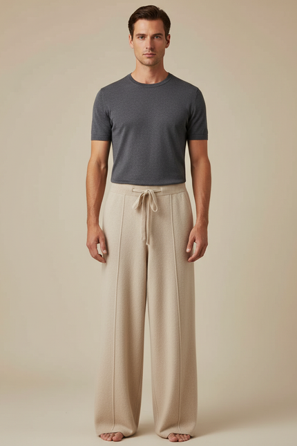 Pantalon Fluide Beige Laine Ample Décontracté Homme