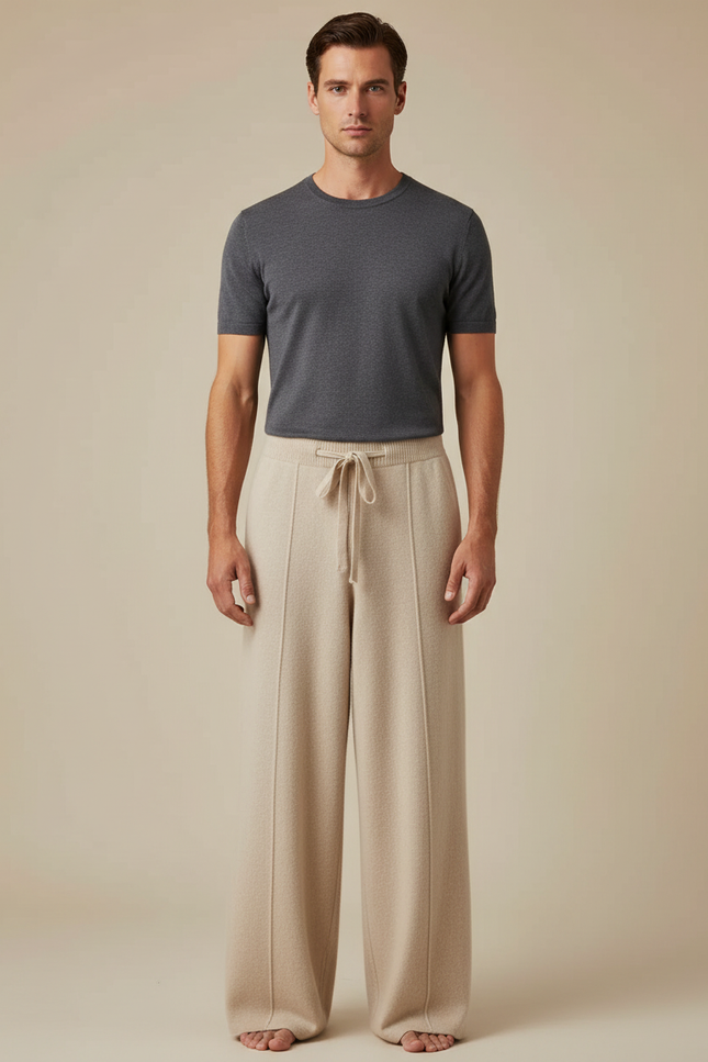 Pantalon Fluide Beige Laine Ample Décontracté Homme