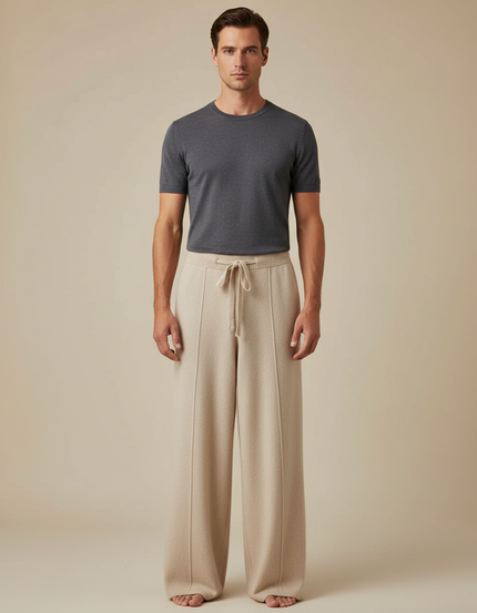 Pantalon Fluide Beige Laine Ample Décontracté Homme