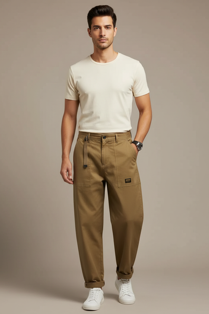 Pantalon Fluide Kaki Ample Coton Décontracté Vintage Homme