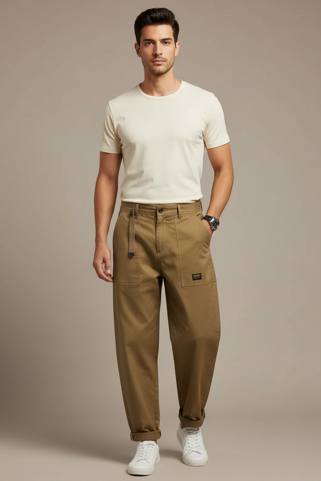 Pantalon Fluide Kaki Ample Coton Décontracté Vintage Homme