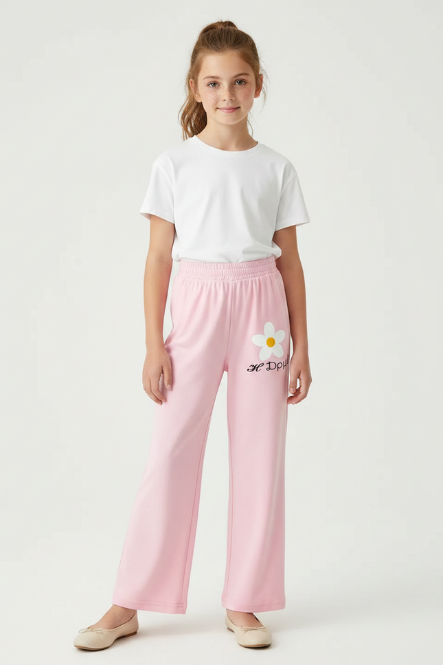 Pantalon Fluide Rose Fleur Ample Confortable Fille - Molleton