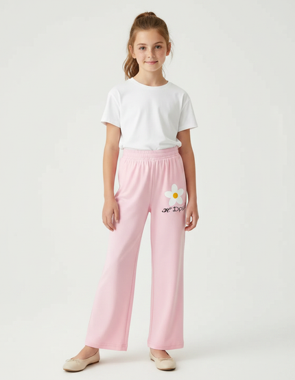 Pantalon Fluide Rose Fleur Ample Confortable Fille - Molleton