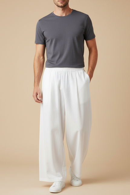 Pantalon Fluide Blanc Ample Décontracté Homme Coton