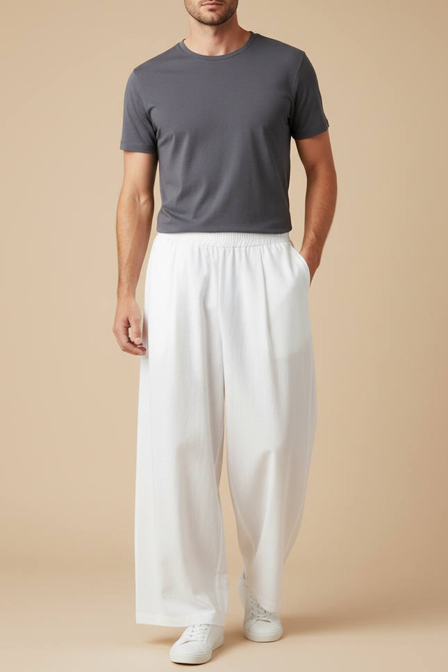 Pantalon Fluide Blanc Ample Décontracté Homme Coton