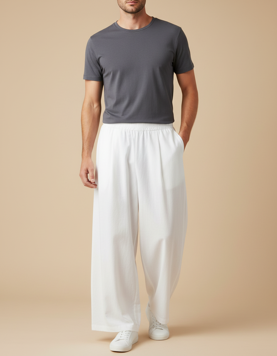 Pantalon Fluide Blanc Ample Décontracté Homme Coton