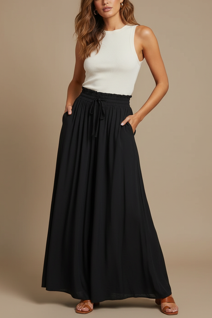 Pantalon Fluide Noir Ample Taille Élastique Cordon - Viscose