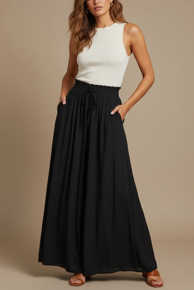 Pantalon Fluide Noir Ample Taille Élastique Cordon - Viscose