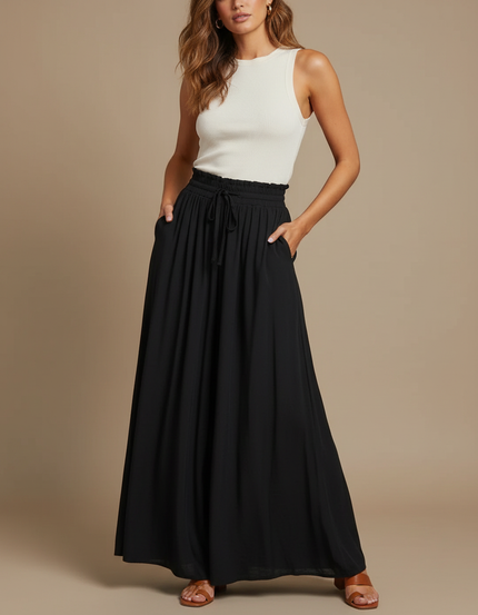 Pantalon Fluide Noir Ample Taille Élastique Cordon - Viscose