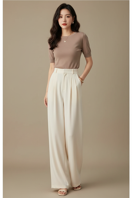 Pantalon Fluide Écru Ample Plissé Élégant Long Droit - Beige Viscose