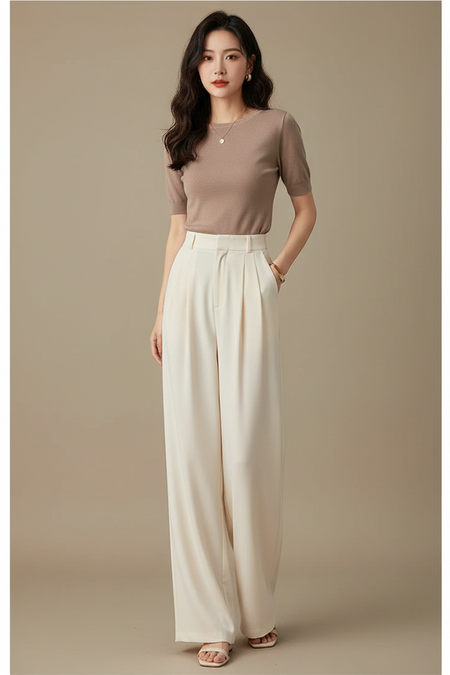 Pantalon Fluide Écru Ample Plissé Élégant Long Droit - Beige Viscose