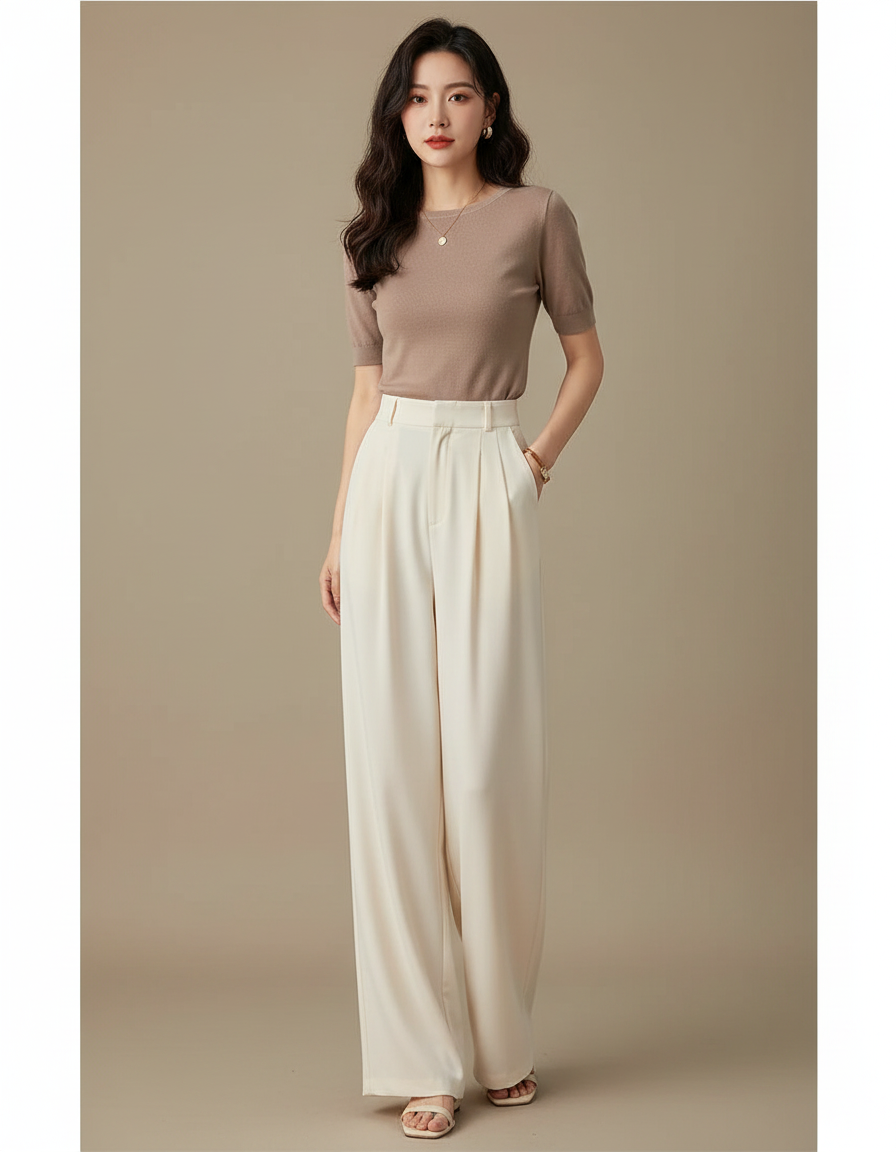 Pantalon Fluide Écru Ample Plissé Élégant Long Droit - Beige Viscose