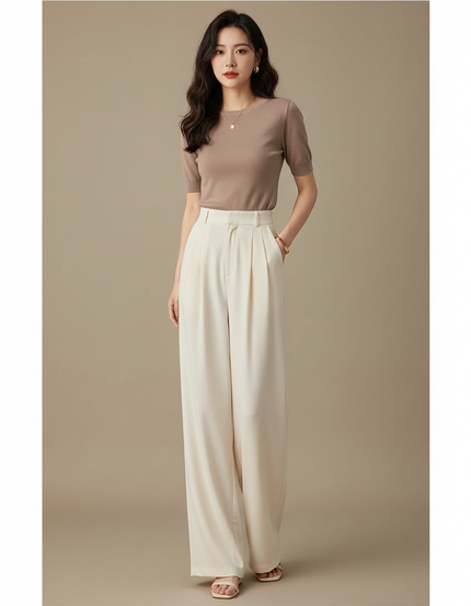 Pantalon Fluide Écru Ample Plissé Élégant Long Droit - Beige Viscose