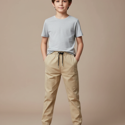 Pantalon Fluide Beige Coton Décontracté Garçon Unicolore