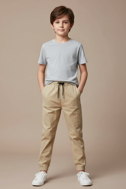 Pantalon Fluide Beige Coton Décontracté Garçon Unicolore