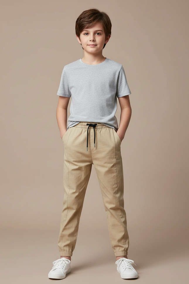 Pantalon Fluide Beige Coton Décontracté Garçon Unicolore