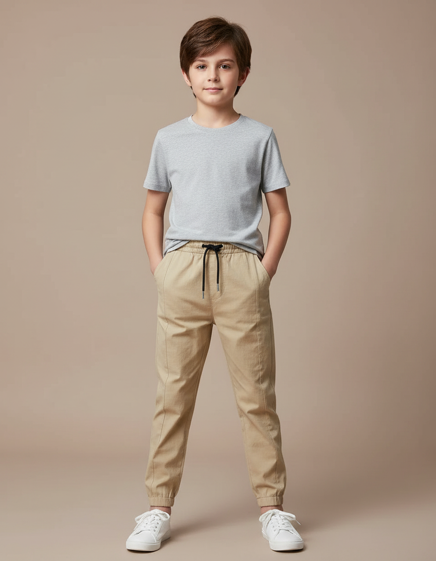 Pantalon Fluide Beige Coton Décontracté Garçon Unicolore