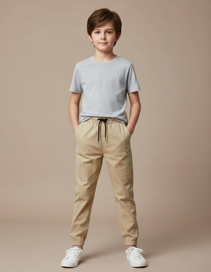 Pantalon Fluide Beige Coton Décontracté Garçon Unicolore
