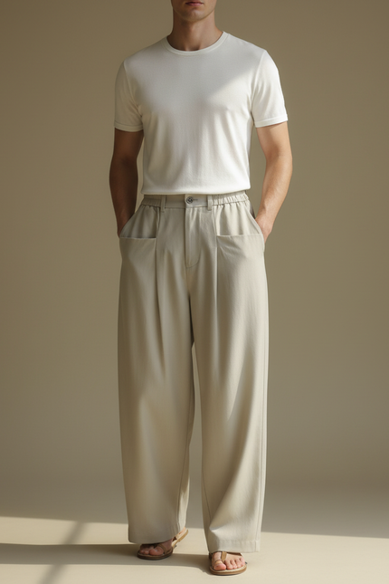 Pantalon Fluide Beige Ample Plissé Décontracté Léger - Viscose