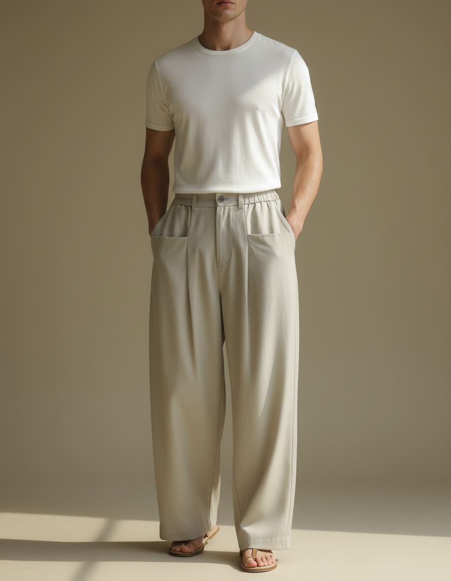 Pantalon Fluide Beige Ample Plissé Décontracté Léger - Viscose