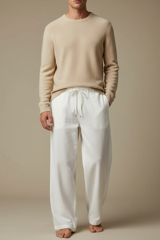Pantalon Fluide Blanc Ample Coton Lin Décontracté Homme