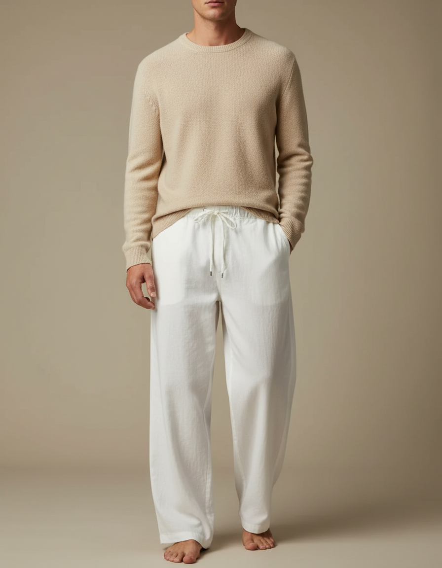 Pantalon Fluide Blanc Ample Coton Lin Décontracté Homme