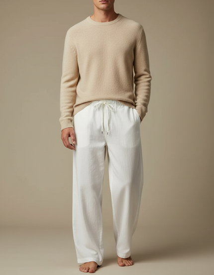 Pantalon Fluide Blanc Ample Coton Lin Décontracté Homme