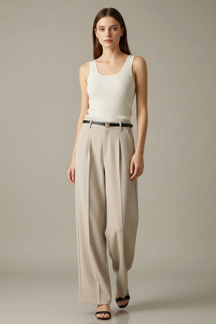 Pantalon Fluide Écru Taille Haute Ample Habillé - Beige Polyester