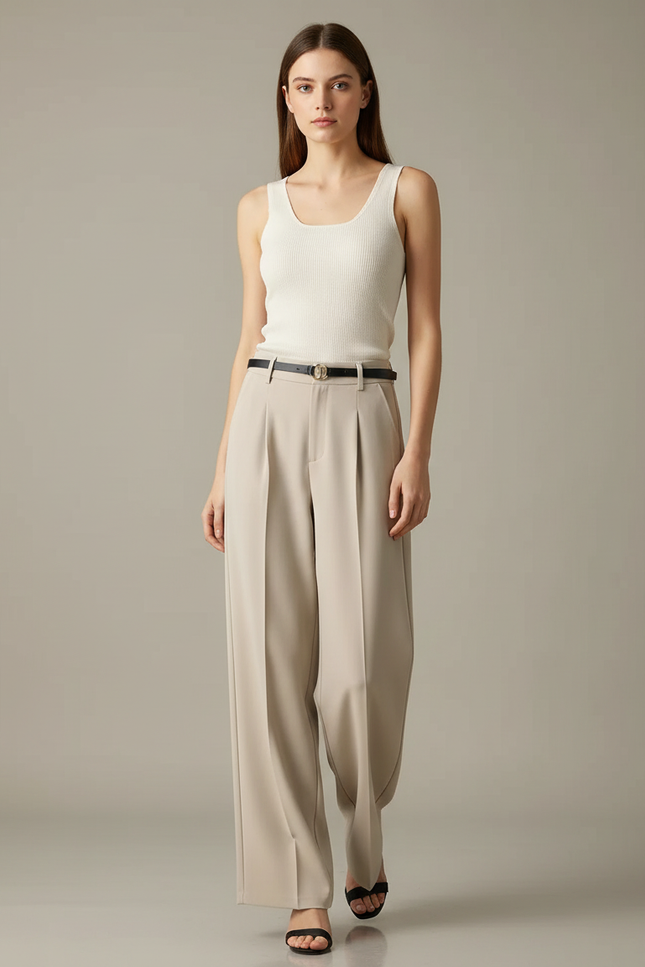 Pantalon Fluide Écru Taille Haute Ample Habillé - Beige Polyester
