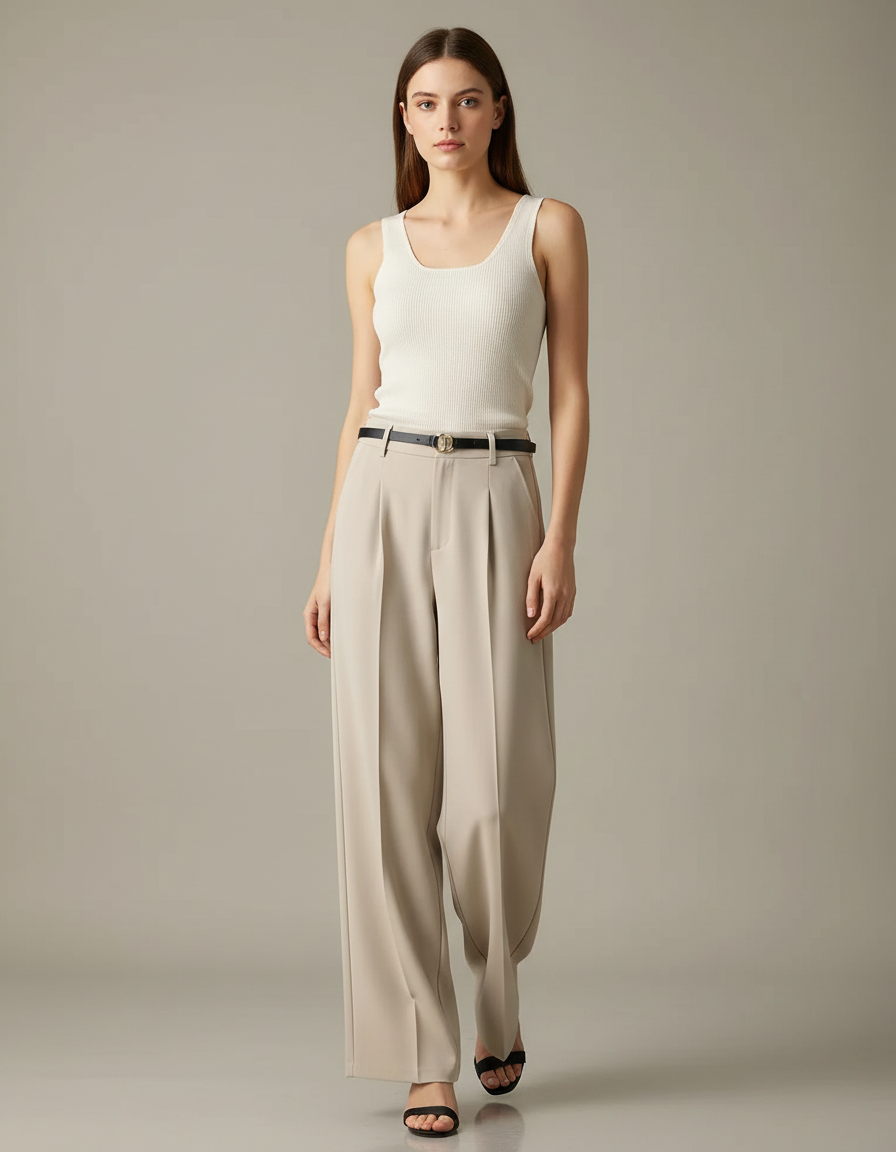 Pantalon Fluide Écru Taille Haute Ample Habillé - Beige Polyester