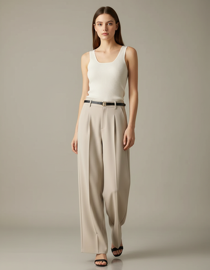 Pantalon Fluide Écru Taille Haute Ample Habillé - Beige Polyester