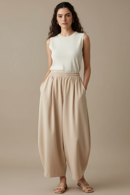 Pantalon Fluide Beige Ample Harem Coton Décontracté - Viscose