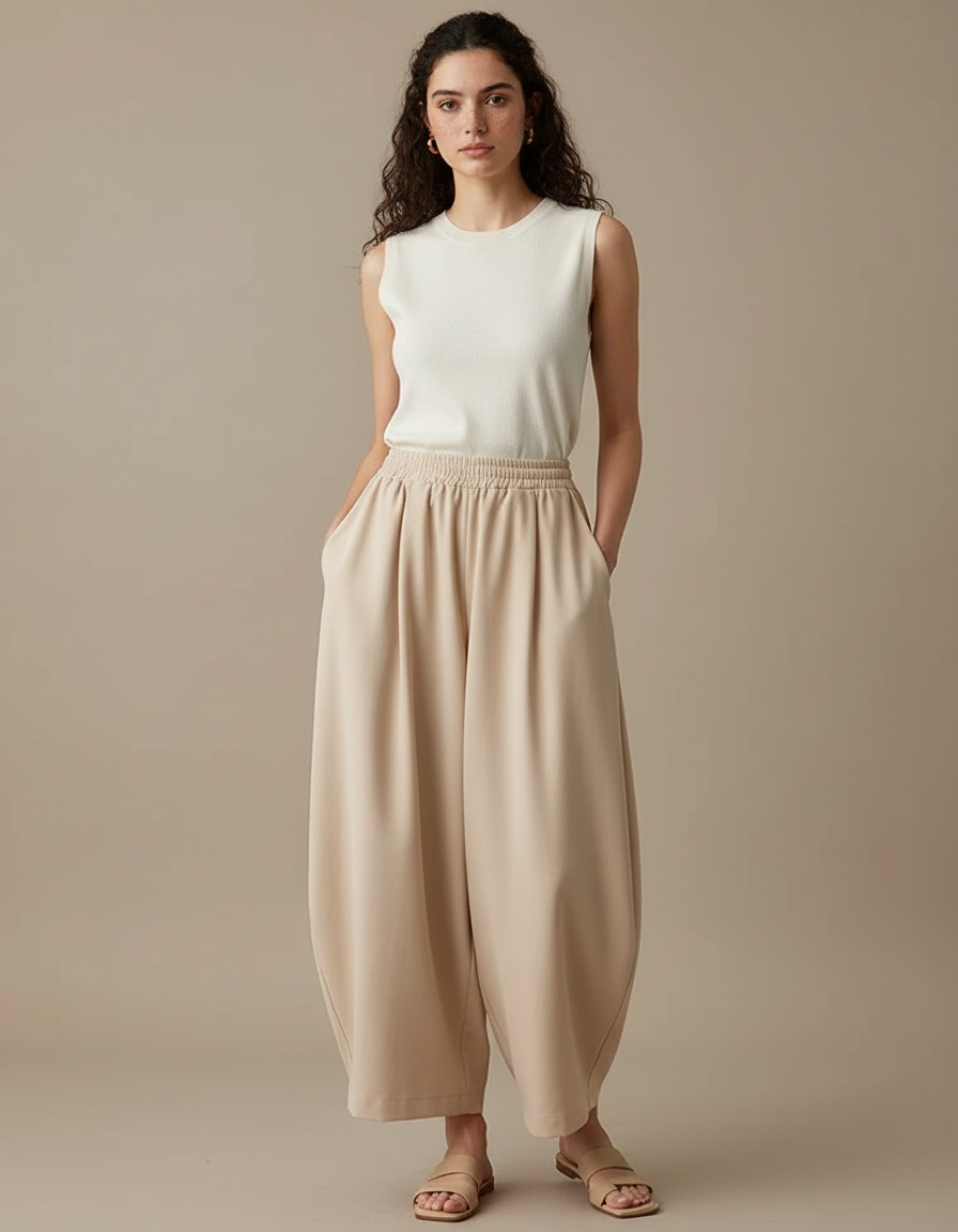 Pantalon Fluide Beige Ample Harem Coton Décontracté - Viscose